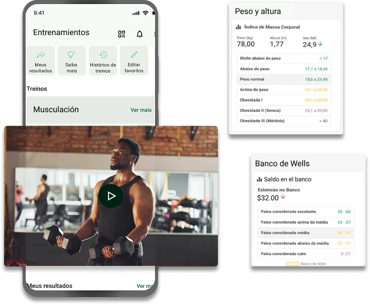 Aplicación del fitness gym software EVO con entrenamientos personalizados, control de peso y altura, y base de datos financiera
