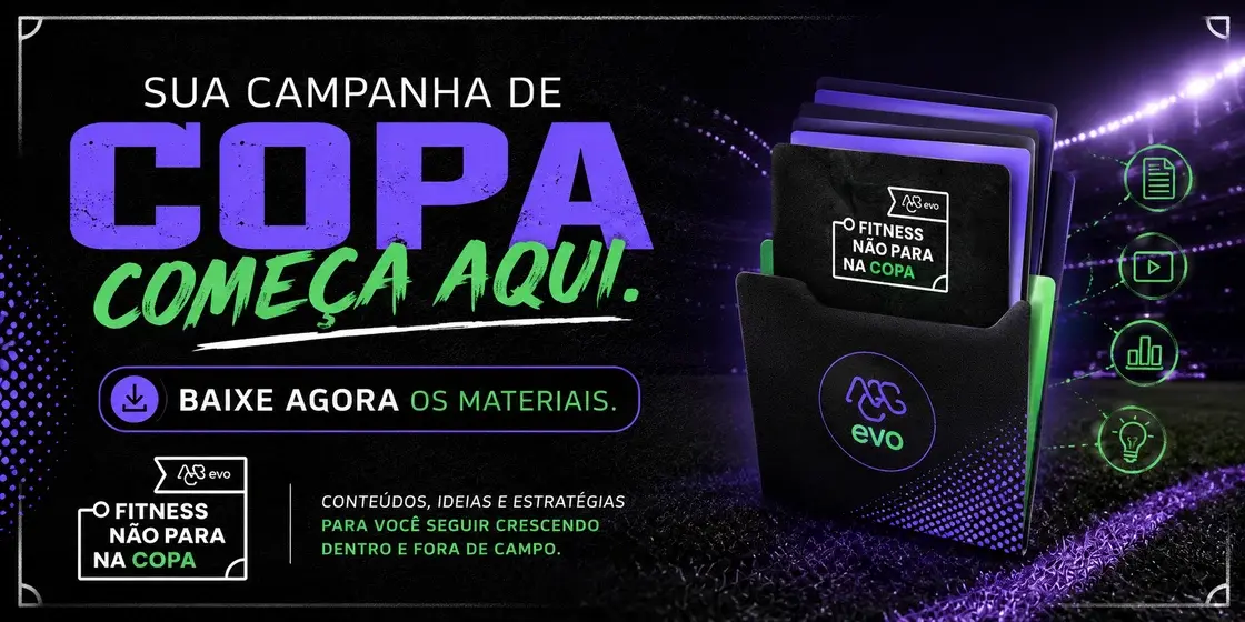 Banner da ABC Evo promovendo a campanha "O Fitness Não Para na Copa", com convite para baixar materiais gratuitos com ideias e estratégias para academias.