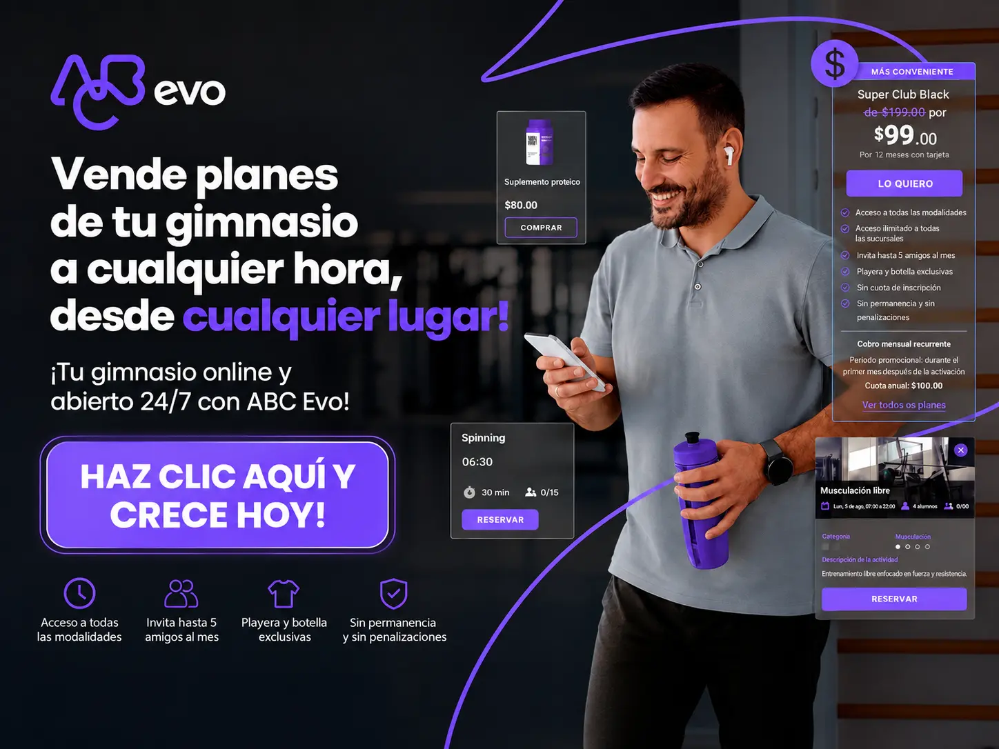 ABC Evo, software para gimnasios que permite vender planes, productos y reservas online las 24 horas.