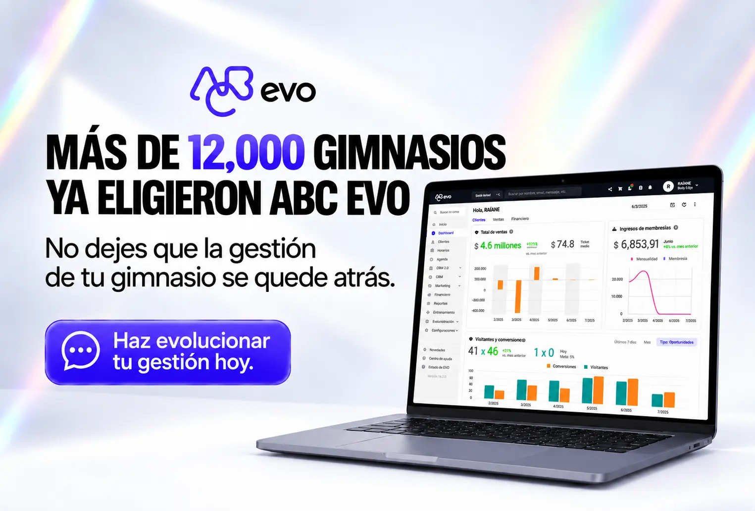 ABC Evo, software de gestión para gimnasios elegido por más de 12,000 gimnasios, con panel de gestión en una laptop.
