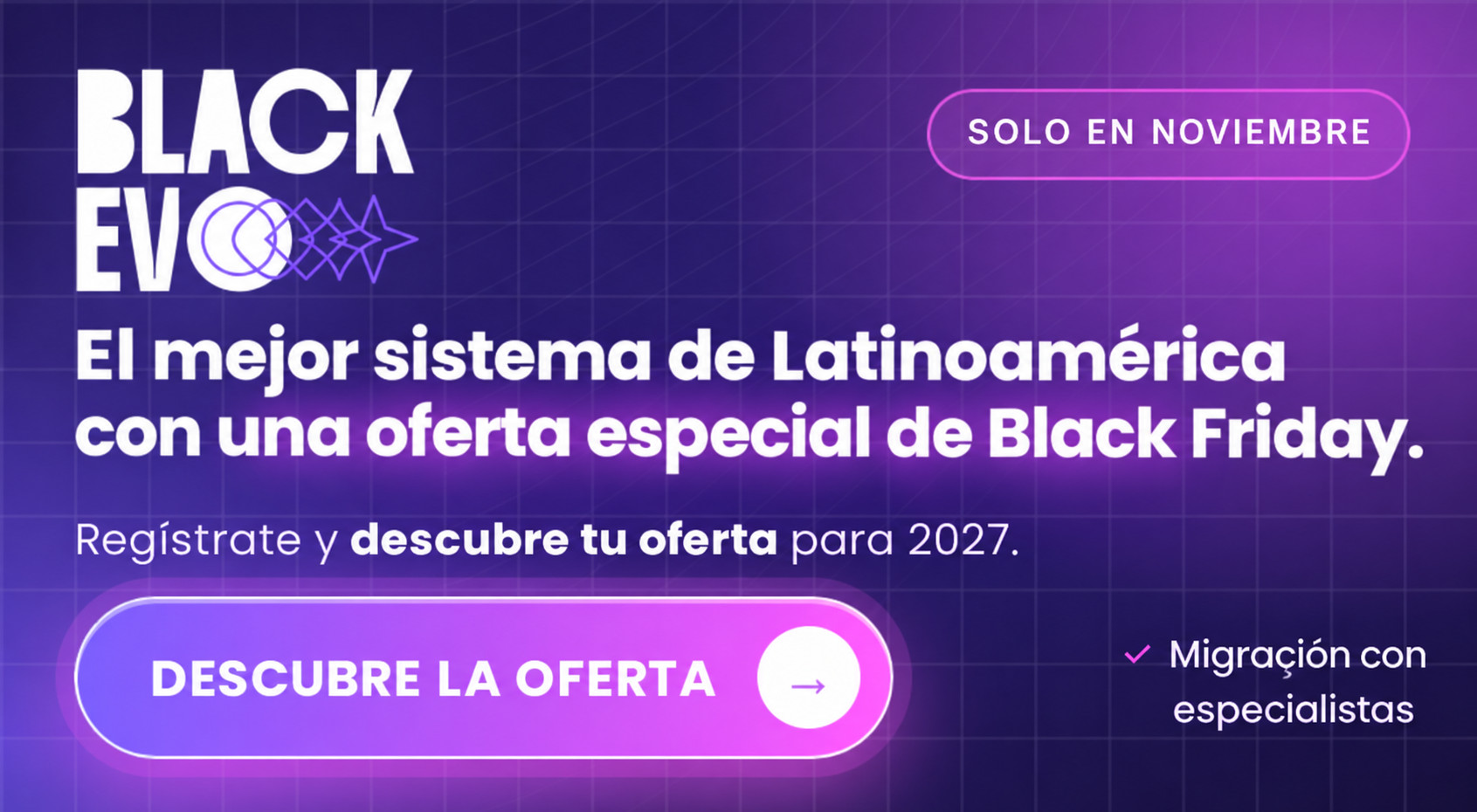 Banner de Black EVO con una oferta de Black Friday para software de gestión de gimnasios en Latinoamérica, disponible solo en noviembre, con migración especializada y soporte los 7 días.
