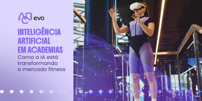 Mujer utilizando lentes de realidad virtual en un gimnasio, con elementos gráficos digitales.